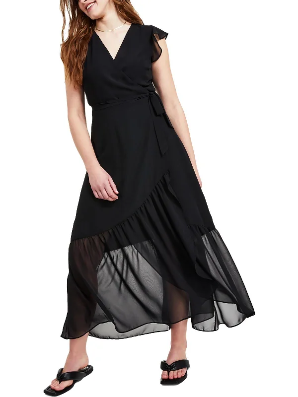 Wedding guest maxi dress-Petites Womens Wrap Ruffle Sleeves Maxi Dress