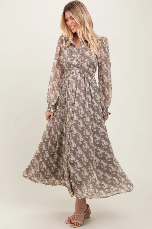 Casual maxi dress-Taupe Floral Chiffon Ruffle Accent Button Down Maxi Dress