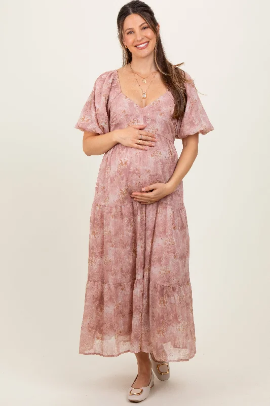 Boho maxi dress-Mauve Watercolor Floral Puff Sleeve Tiered Maternity Maxi Dress