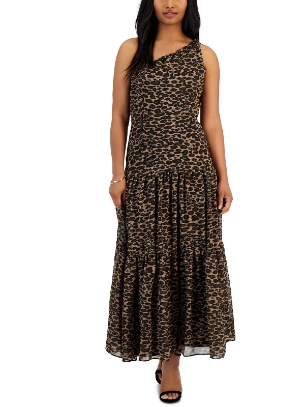 Maxi dress with embroidered bodice-Womens Animal Print Chiffon Maxi Dress