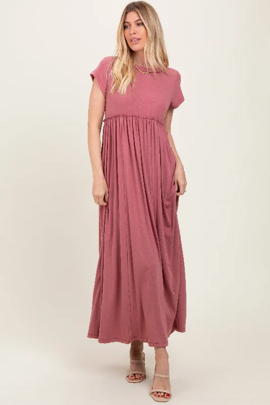 Maxi dress with pockets-Mauve Short Sleeve Pocketed Maxi Dress