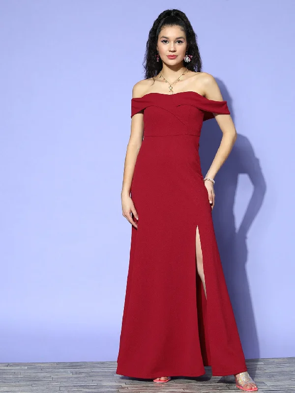 Maxi dress with lace overlay-Berrylush Women Solid Red Off-Shoulder Neck Crepe Thigh-High Slit Flared A-Line Maxi Dress