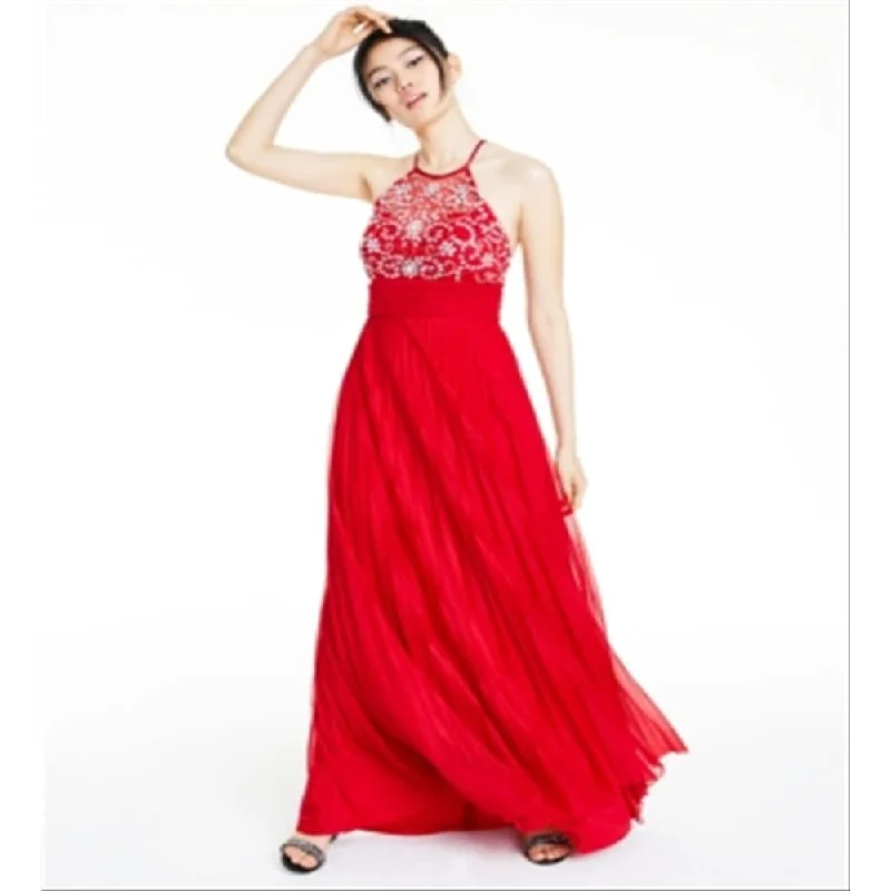 Club mini dress-B. Darlin Women's Embellished Sleeveless Halter Full Length Prom Fit Flare Dress Red Size 13-14