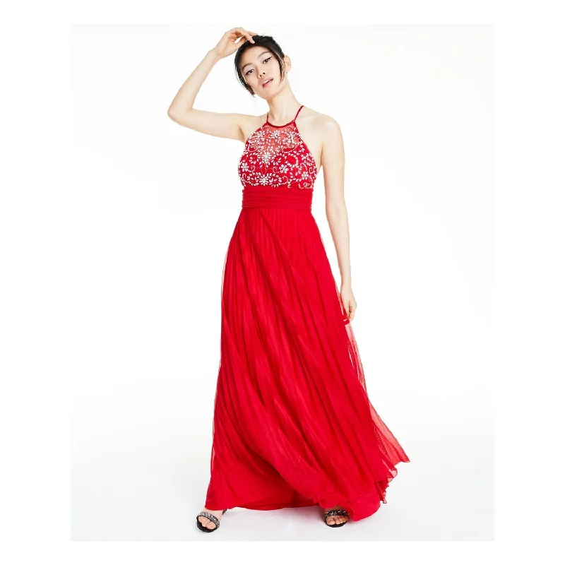 Embellished mini dress-B Darlin Women's Embellished Sleeveless Halter Full Length Prom Fit Flare Dress Red Size 3/4