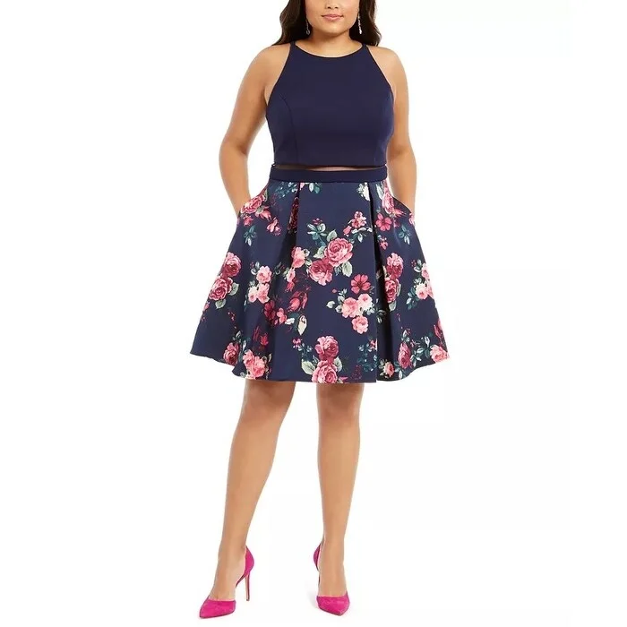 Ruched mini dress-B Darlin Women's Trendy Plus Size Illusion Floral-Print Fit & Flare Dress Navy Size 20