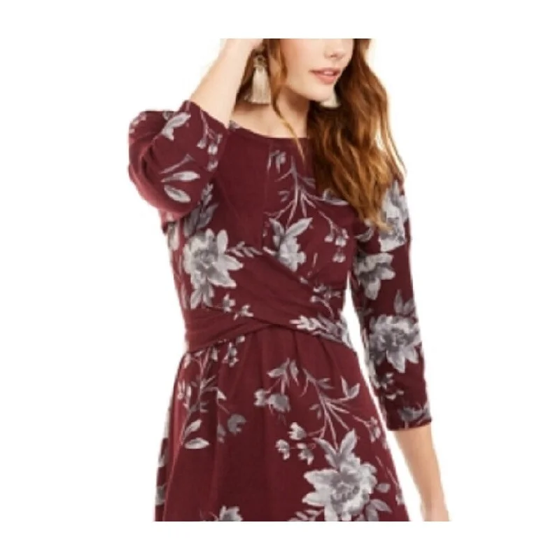 Glitter mini dress-Bebop Women's Twist Front Floral 3/4 Sleeve Jewel Neck Short Fit Flare Dress Wine Size Large