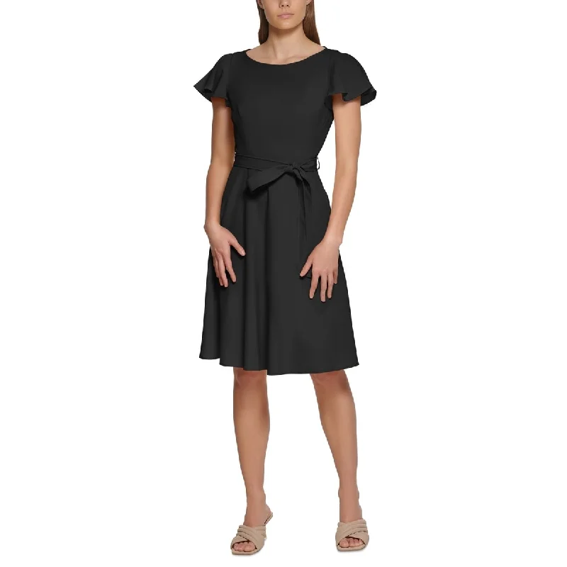 Satin mini dress-Calvin Klein Women's Flutter Sleeve Fit & Flare Dress Black Size 4