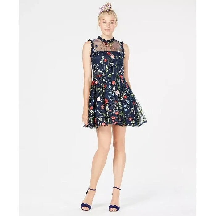 Geometric mini dress-City Studios Junior's Floral Embroidered Fit & Flare Dress Navy Size 1