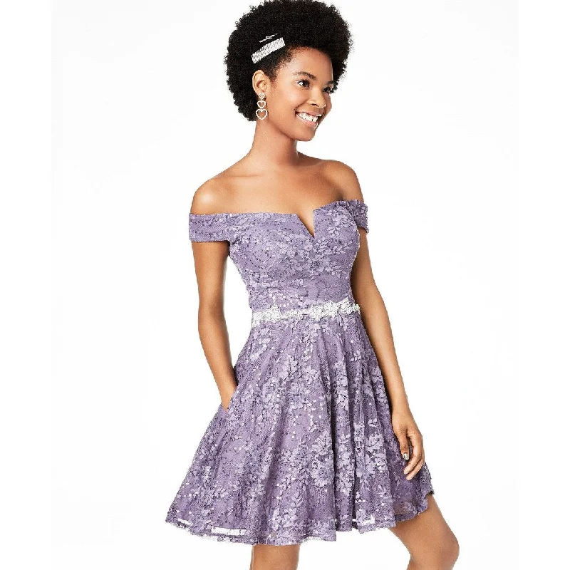 Halter neck mini dress-City Studios Juniors' Off-The-Shoulder Lace Fit & Flare Dress Purple Size 1