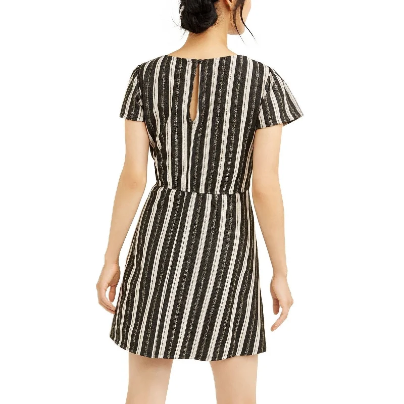 Work mini dress-Crystal Dolls Women's Striped Short Sleeve V Neck Short Fit Flare Dress Juniors Black Size S