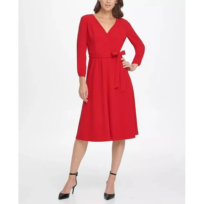 Strapless mini dress-DKNY Women's Ruched Sleeve Surplice Fit & Flare Dress Medium Red Size 8