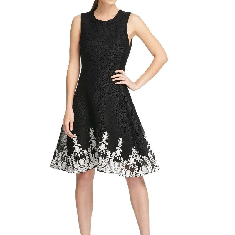 Peplum mini dress-DKNY Women's Sleeveless Embroidered Fit & Flare Dress Black Size 14