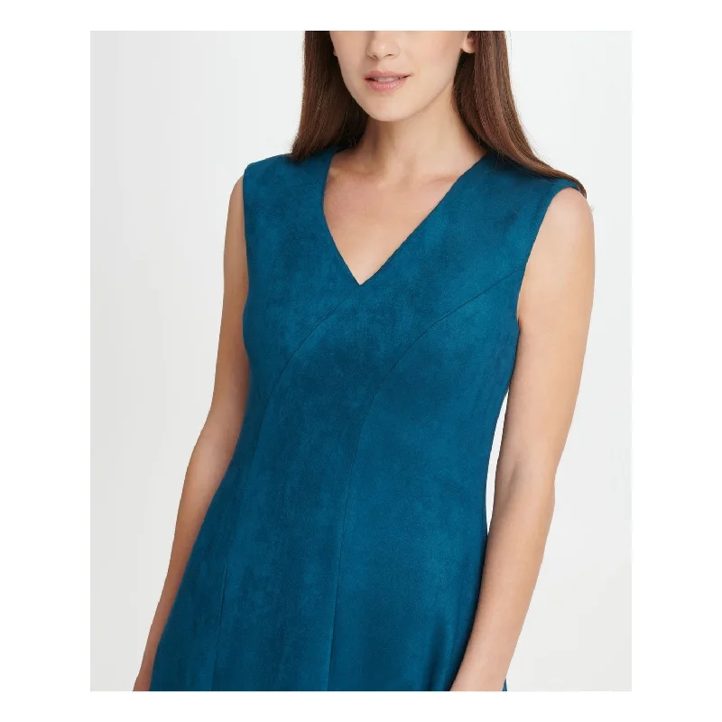 Ruffle mini dress-DKNY Women's Teal Zippered Sleeveless V Neck Above the Knee Fit Flare Dress Teal Size 12