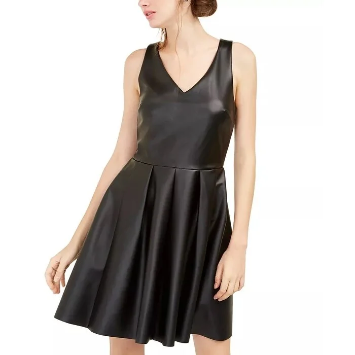 Street style mini dress-Rosie Harlow Juniors' Faux-Leather Fit & Flare Dress Black Size Small