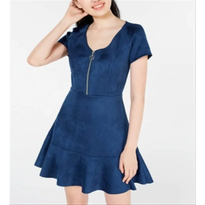 Evening mini dress-Rosie Harlow Women's Zippered Short Sleeve Scoop Neck Short Fit + Flare Dress Blue Size Small