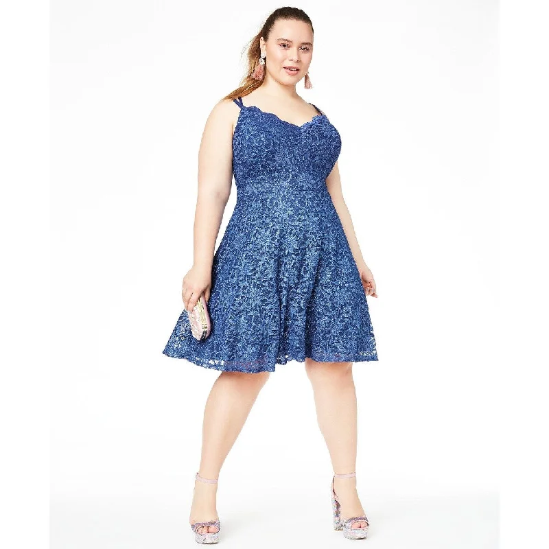 Lace mini dress-Teeze Me Women's Trendy Plus Size Metallic Lace Fit & Flare Dress Blue Size 22