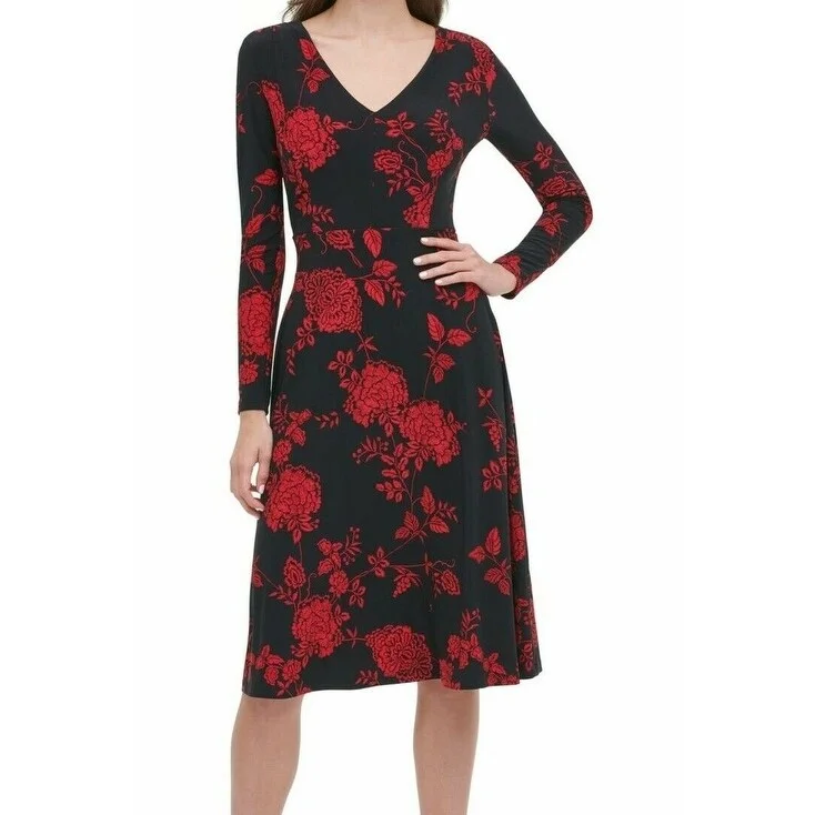 Long sleeve mini dress-Tommy Hilfiger Women's Floral-Print Fit & Flare Dress Black Size 18