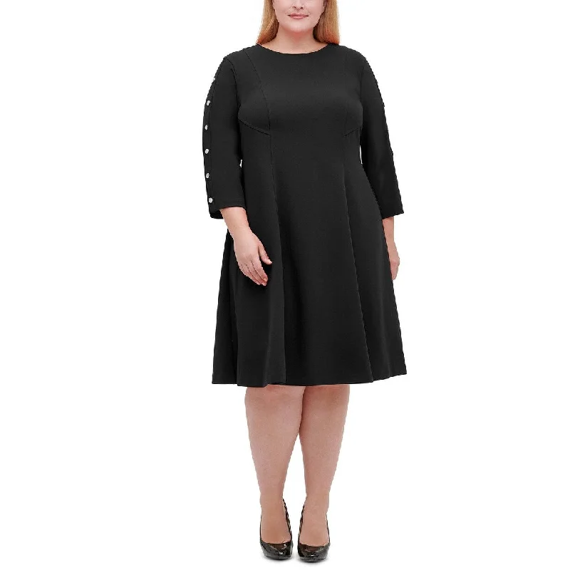 High neck mini dress-Tommy Hilfiger Women's Plus Size Button-Sleeve Fit & Flare Dress Black Size 22