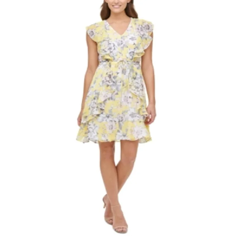 Geometric mini dress-Tommy Hilfiger Women's Victoria Floral Chiffon Fit & Flare Dress Yellow Size 4