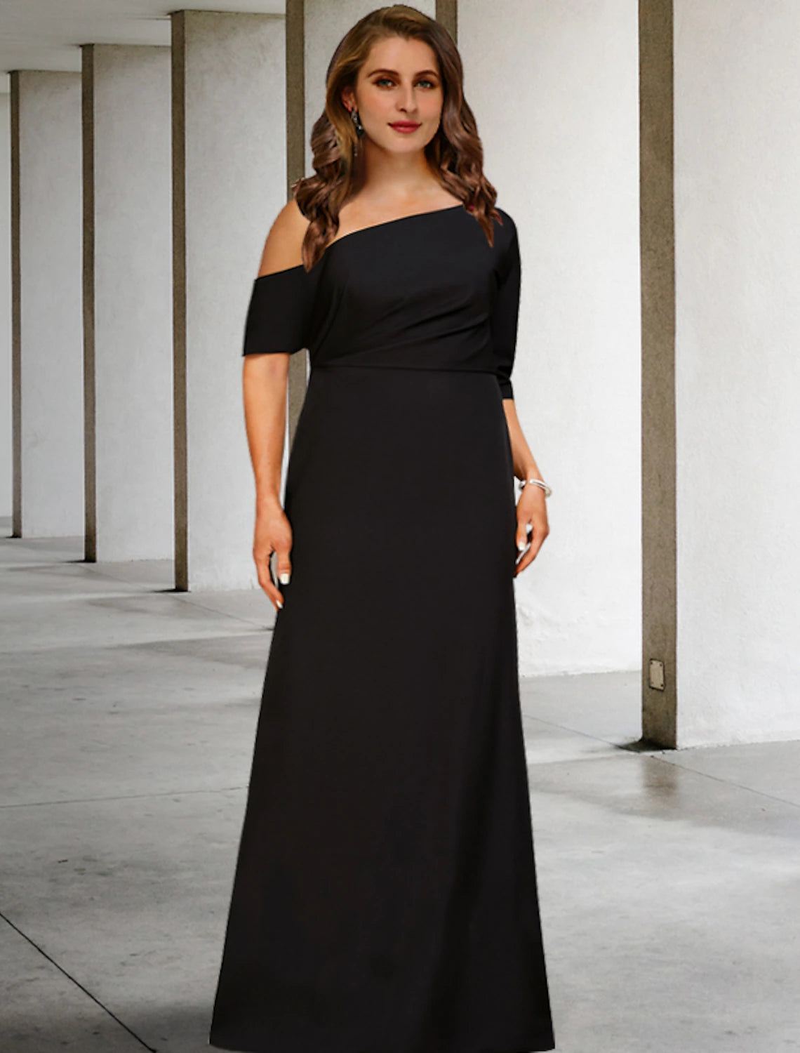 Modern cocktail dress-A-Line Mother of the Bride Dresses Plus Size Hide Belly Curve Vintage Dress Party Wear Floor Length 3/4 Length Sleeve One Shoulder Stretch Fabric with Ruched