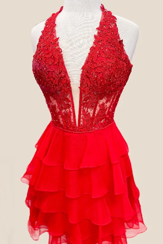 Cowl neck mini dress-Appliques Red Chiffon Tiered Ruffle Short Dress