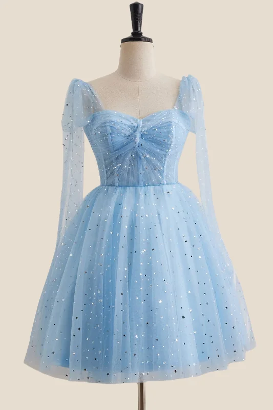 Retro mini dress-Blue Sparkle Tulle Ruched Short Princess Dress