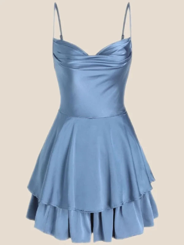 Tiered mini dress-Cowl Neck Dusty Blue Ruffles Short Princess Dress