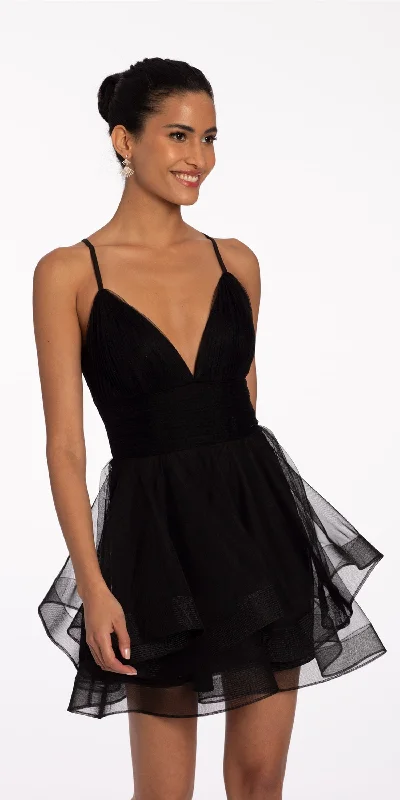 Velvet mini dress-Deep V X Back Mesh Tiered Fit and Flare Dress