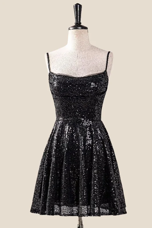 Beach mini dress-Black Sequin A-line Short Princess Dress