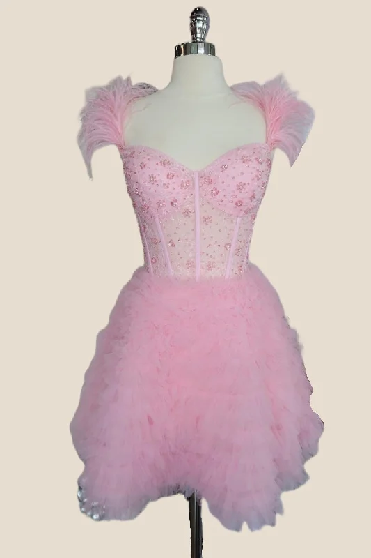 Empire waist mini dress-Feather Straps Pink Beaded Ruffle Short Princess Dress