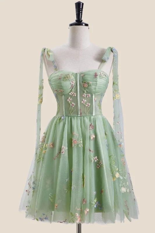 Velvet mini dress-Green Floral Embroidery Corset A-line Short Fairytale Dress