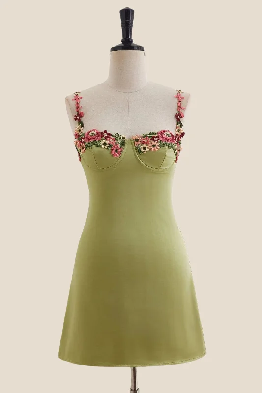 Off-shoulder mini dress-Green Floral Embroidery Short Princess Dress