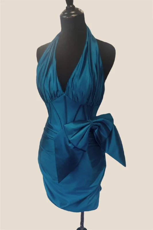 Cowl neck mini dress-Halter Blue Ruched Tight Short Dress with Bow