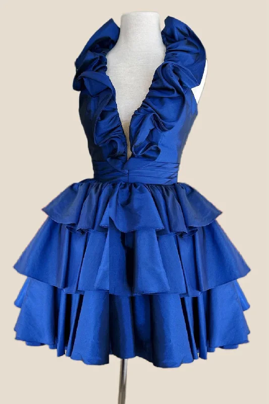 Beaded mini dress-Halter Royal Blue Ruffle Tiered Short Dress