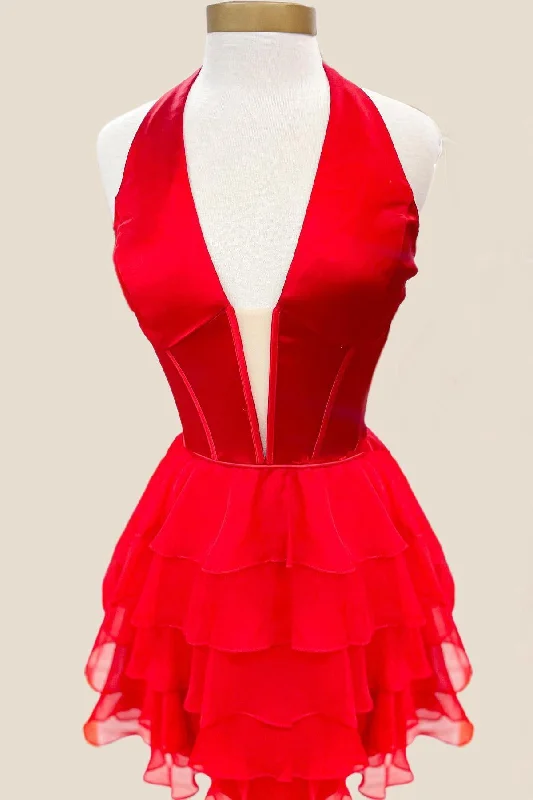 Cocktail mini dress-Halter Red Chiffon Ruffle Short Princess Dress