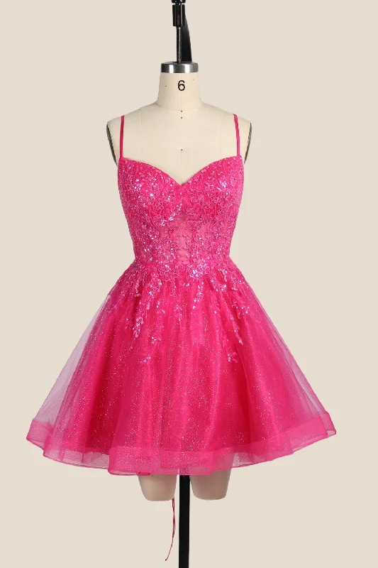 Bubble hem mini dress-Hot Pink Appliques Tulle A-line Short Dress