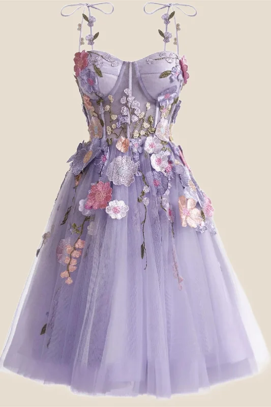 Cape mini dress-Lavender 3D Floral Embroidered Corset Short A-line Princess Dress