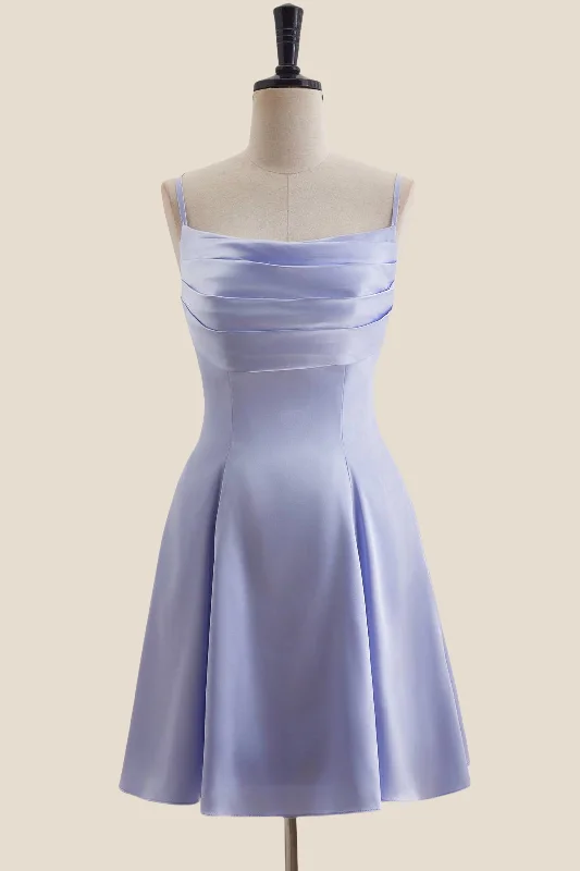 Asymmetrical mini dress-Lavender Cowl Neck Short Dress with Back Bow