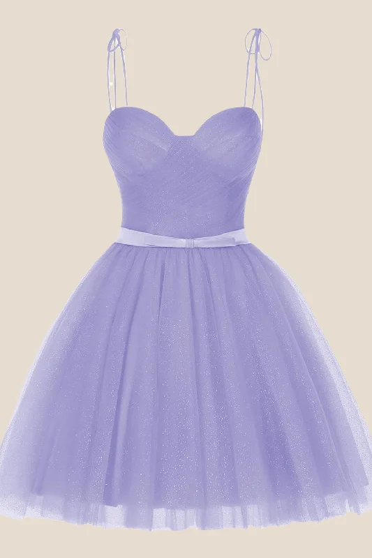 Button-up mini dress-Lavender Sparkle Tulle Short Dress with Belt