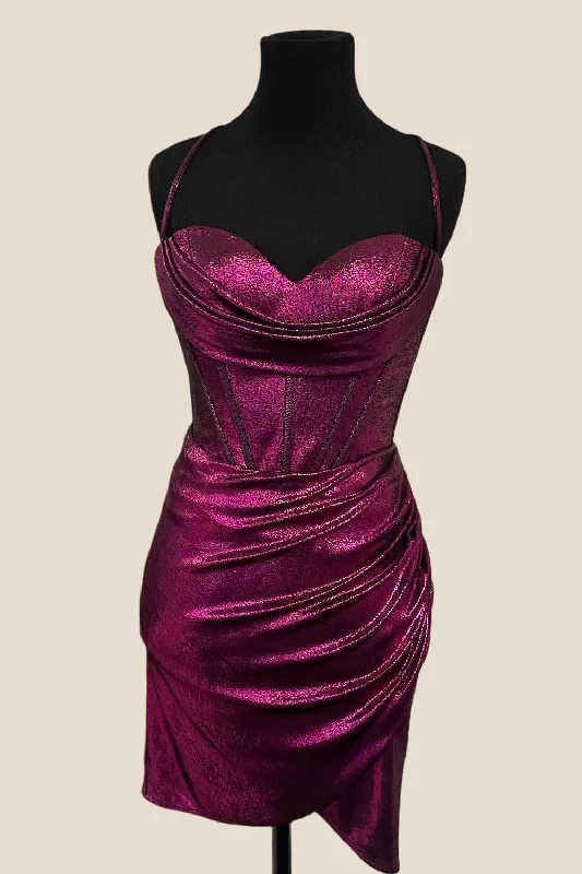 Smocked mini dress-Magenta Cowl Neck Ruched Bodycon Short Dress