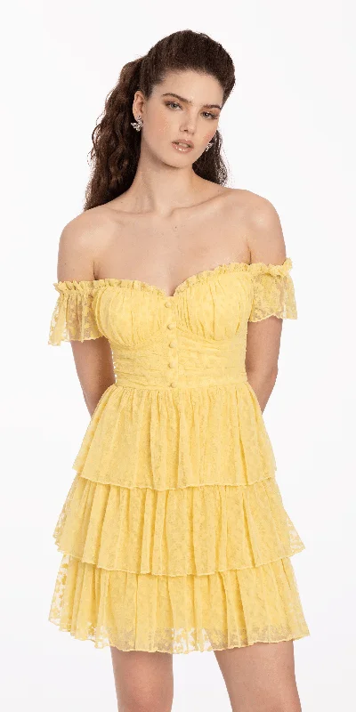 Tulle mini dress-Embossed Mesh Off the Shoulder Tiered Fit and Flare Dress