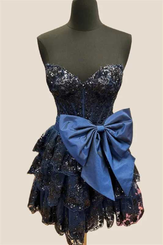 Cocktail mini dress-Navy Blue Appliques Ruffle Short Dress with Bow