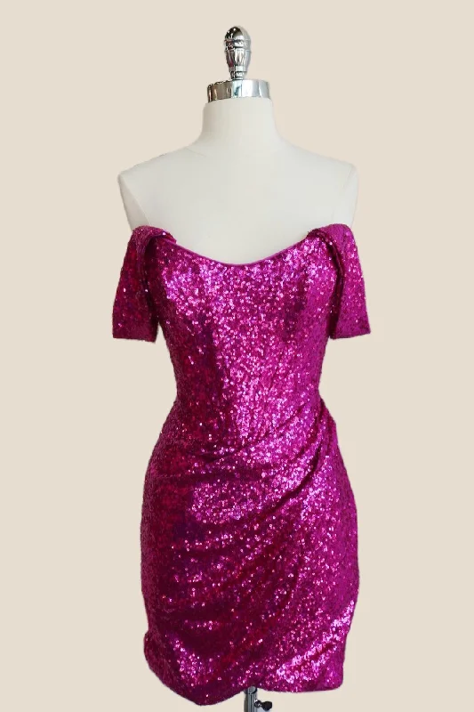 Trapeze mini dress-Off the Shoulder Fuchsia Sequin Tight Short Dress