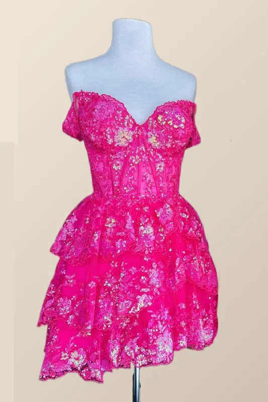 Blouson mini dress-Off the Shoulder Hot Pink Sequin Tulle Short Dress