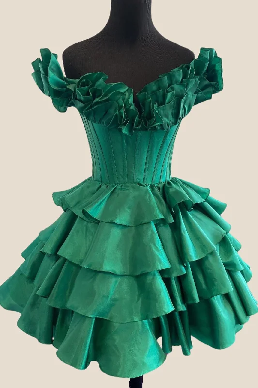 Strapless mini dress-Off the Shoulder Green Ruffles A-line Short Dress