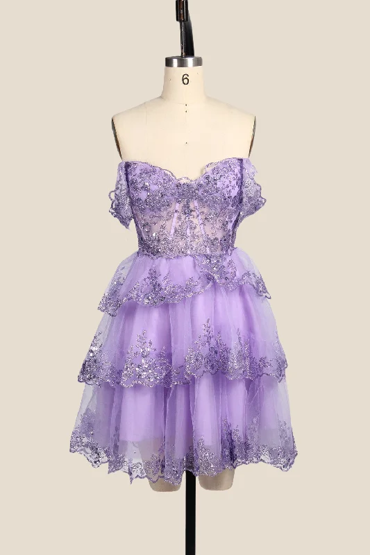 Elegant mini dress-Off the Shoulder Lavender Sequin Tiered Short Dress