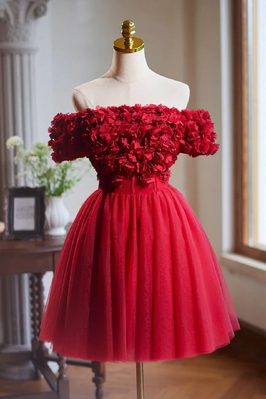 Floral mini dress-Off the Shoulder Red 3D Flowers Short Dress