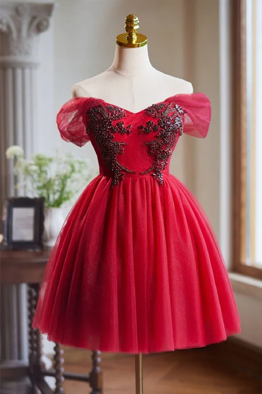 Fit and flare mini dress-Off the Shoulder Red Beaded Short Tulle Dress