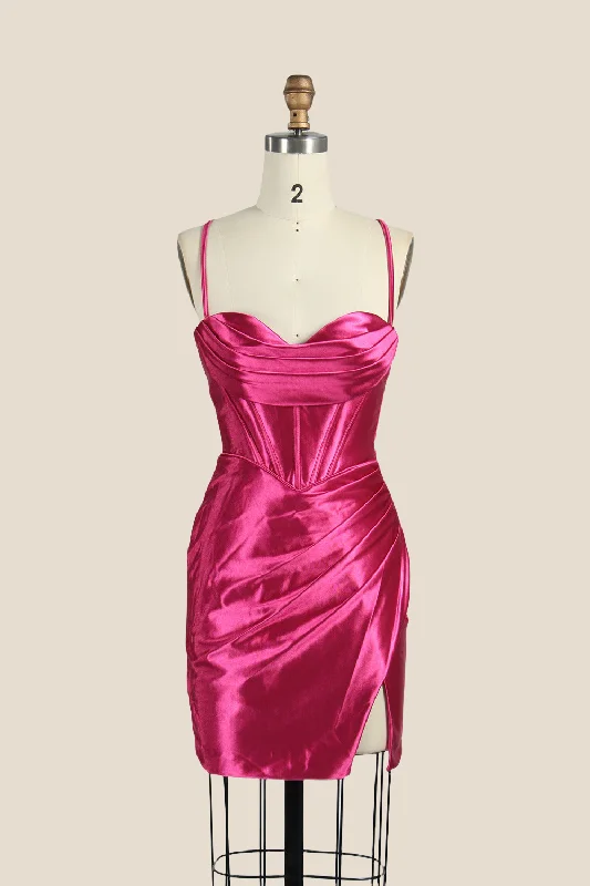 Date night mini dress-One Shoulder Fuchsia Ruched Tight Short Dress