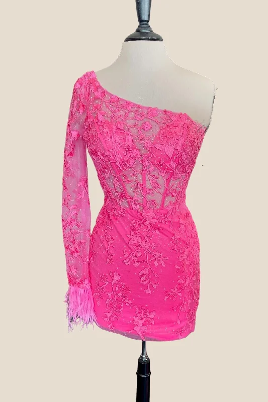 Cut-out mini dress-One Shoulder Hot Pink Appliques Tight Short Dress